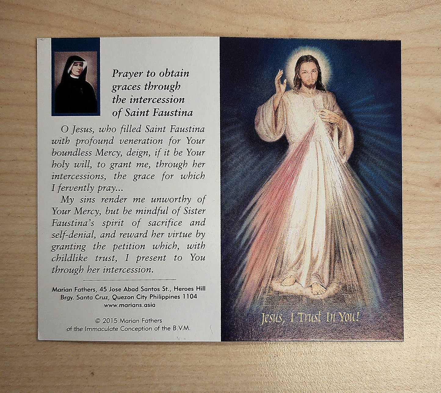 Prayer to obtain graces through the intercession of Saint Faustina Prayer Card